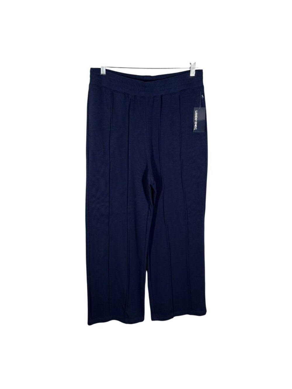 Lands’ End Women L Medieval Blue Slub Knit Seam Front Wide Leg Pants NWT